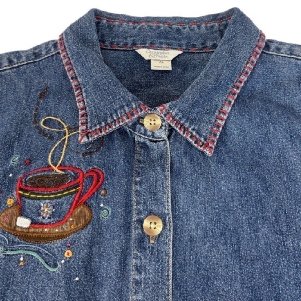 Christopher & Banks Denim Shirt XL Women Blue Cottage Core Coffee Embroidered - Picture 4 of 10